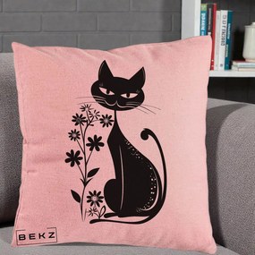 Perna Decorativa Pisica Neagra Grafica Minimalista, 40x40 cm, Roz, Husa Detasabila, Perna Inclusa, BEKZ®
