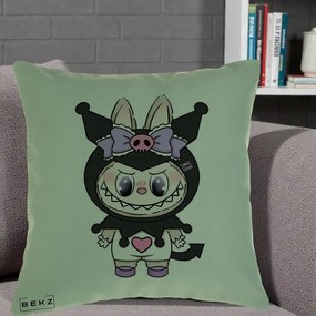 Perna Personalizata Labubu x Kuromi, 40x40 cm, Verde, Husa Detasabila, Perna Inclusa, BEKZ®