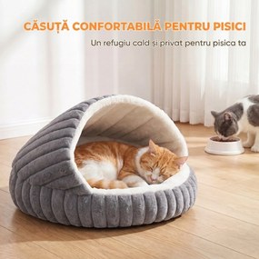 PawHut Culcuș pentru Pisici de până la 5 kg, Rotund Semiînchis, din Pluș cu Efect de Iepuraș, cu Pernă Lavabilă, Gri | Aosom Romania