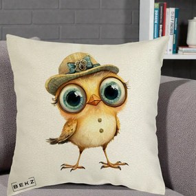Perna Decorativa Pui Elegant cu Palarie Teal, 40x40 cm, Ecru, Husa Detasabila, Perna Inclusa, BEKZ®