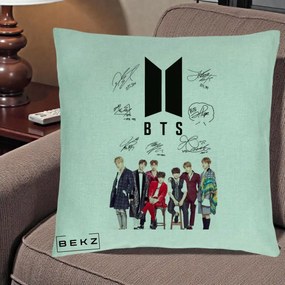 Perna Personalizata K-pop BTS Semnaturi Foto, 40x40 cm, Verde Menta, Husa Detasabila, Perna Inclusa, BEKZ®