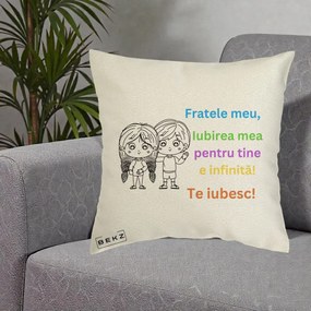 Cadou pentru Frate - Perna Personalizata Fratele Meu Te Iubesc Copii Anime Colorat, 40x40 cm, Ecru, Husa Detasabila, Perna Inclusa, BEKZ®