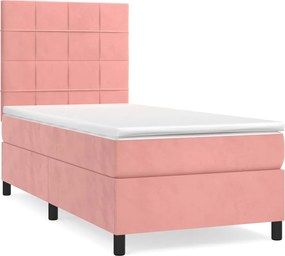vidaXL Pat box spring cu saltea, roz, 100x200 cm, catifea