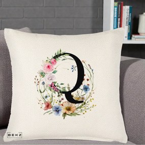 Cadou Personalizat - Perna Personalizata Monogram Litera Q cu Flori Acuarela, 40x40 cm, Crem Reliefat, Husa Detasabila, Perna Inclusa, BEKZ®