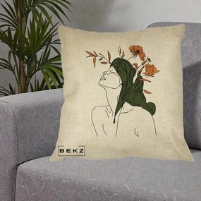 Perna Decorativa Portret Feminin Profil Flori Portocalii, 40x40 cm, Crem, Husa Detasabila, Perna Inclusa, BEKZ®