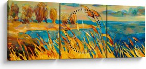Tablou - Apus de soare peste lac, pictură acrilică (cu ceas) (90x30 cm)
