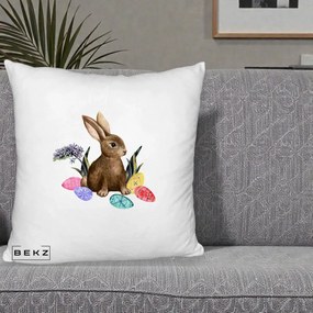 Perna Decorativa Iepuras cu Oua de Pasti Acuarela, 40x40 cm, Alb Pufos, Husa Detasabila, Perna Inclusa, BEKZ®