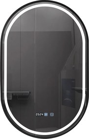 RESIGILAT- Oglinda baie, Multifuncțională, Iluminare LED 3 culori, Ceas încorporat, Sistem Dezaburire, Rama Negru, 50x80 cm