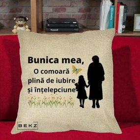 Cadou pentru Bunica - Perna Personalizata Bunica Mea Comoara Iubire Intelepciune Varianta Extinsa, 40x40 cm, Crem, Husa Detasabila, Perna Inclusa, BEKZ®