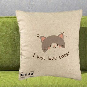 Perna Personalizata I Just Love Cats Pisica Kawaii, 40x40 cm, Bej, Husa Detasabila, Perna Inclusa, BEKZ®