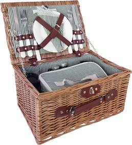Coș de picnic mic din răchită împletită cu căptușeală în dungi verzi, pentru 4 persoane, „Vendela Small Green"