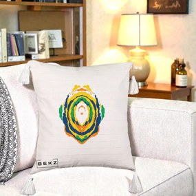 Perna Decorativa Oval Abstract Multicolor, 40x40 cm, Bej cu Franjuri, Husa Detasabila, Perna Inclusa, BEKZ®