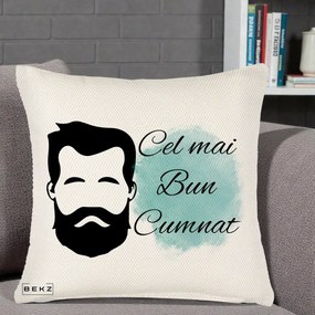 Cadou pentru Cumnat - Perna Personalizata Cel mai Bun Cumnat cu Portret Barbat si Pete Teal, 40x40 cm, Crem Reliefat, Husa Detasabila, Perna Inclusa, BEKZ®