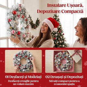 HOMCOM Coroniță de Crăciun Înzăpezită, 60 cm, cu Lumini LED, 8 Moduri, 140 Ramuri, 8 Fructe Roșii și 15 Globuri Decorative, Verde | Aosom Romania