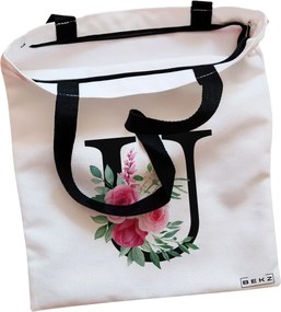 Sacosa de Panza pentru Cumparaturi, Geanta Tote, Cu litera U si Trandafiri, Cu fermoar, 38x34.5 cm, Alba, BEKZ®