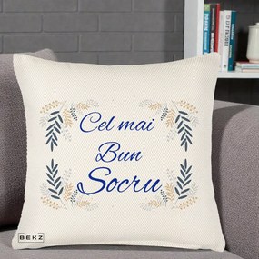 Cadou pentru Socru - Perna Personalizata Cel mai Bun Socru cu Ramuri Frunze Albastre si Aurii, 40x40 cm, Crem Reliefat, Husa Detasabila, Perna Inclusa, BEKZ®