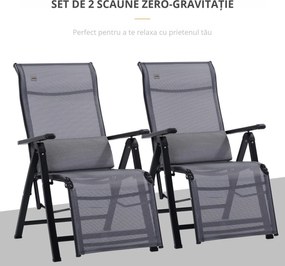 Outsunny Scaun Rabatabil de Gradina Zero Gravity Set 2 Piese cu Spatar Reglabil in 9 Pozitii si Perne, 65x70x111cm, Gri