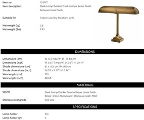 Lampa de masa clasica, finisaj antique brass, Banker 103777 HZ