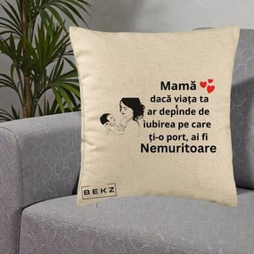 Cadou pentru Mama - Perna Personalizata Mama Nemuritoare Imbratisare Copil, 40x40 cm, Bej, Husa Detasabila, Perna Inclusa, BEKZ®