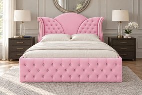 Pat tapițat Chesterfield din catifea Velora Cristal 160×200 cm, roz, cu ladă de depozitare