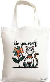 Sacosa de Panza pentru Cumparaturi, Geanta Tote, model Be Yourself Flower Cat, 38 x 34.5 cm, Alba, BEKZ®