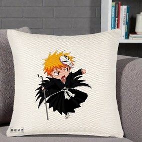 Perna Personalizata Bleach Ichigo Chibi cu Masca, 40x40 cm, Crem Reliefat, Husa Detasabila, Perna Inclusa, BEKZ®