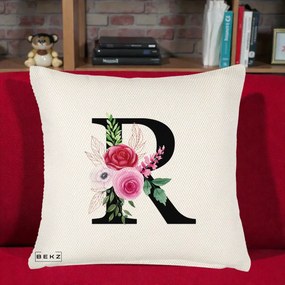 Cadou Personalizat - Perna Personalizata Monograma Florala Litera R, 40x40 cm, Crem Reliefat, Husa Detasabila, Perna Inclusa, BEKZ®