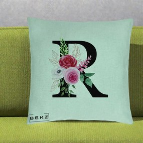 Cadou Personalizat - Perna Personalizata Monograma Florala Litera R, 40x40 cm, Verde Menta, Husa Detasabila, Perna Inclusa, BEKZ®