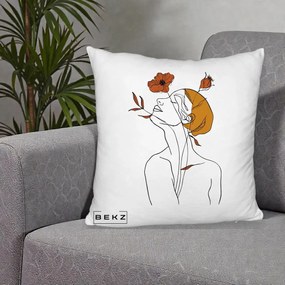 Perna Decorativa Portret Feminin Mac Privire Inalta, 40x40 cm, Alb Pufos, Husa Detasabila, Perna Inclusa, BEKZ®