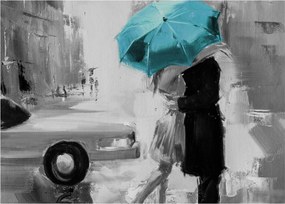 Tablou pe sticlă - Cuplu în dragoste cu umbrelă, albastru (70x50 cm)