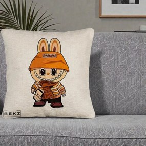 Perna Personalizata Labubu Streetwear Portocaliu, 40x40 cm, Bej Canapea, Husa Detasabila, Perna Inclusa, BEKZ®