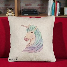 Perna Decorativa Unicorn Acuarela Pastel, 40x40 cm, Bej Canapea, Husa Detasabila, Perna Inclusa, BEKZ®