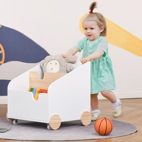 HOMCOM Cutie de Depozitare din Lemn pentru Jucării 2 Secțiuni cu Roți și Mâner Cărucior Copii Librărie cu Roți pentru Cameră Copii 40x43x43 cm Alb și Natural | Aosom Romania