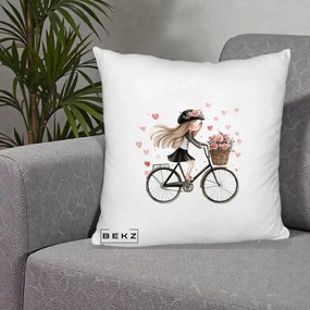 Perna Decorativa Fetita Kawaii pe Bicicleta cu Trandafiri si Inimioare, 40x40 cm, Alb Pufos, Husa Detasabila, Perna Inclusa, BEKZ®