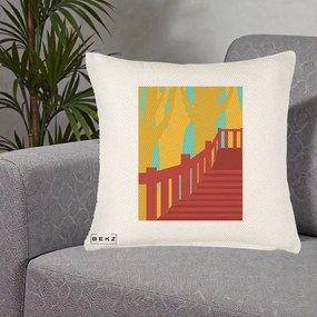 Perna Decorativa Scari Toamna Peisaj Grafic, 40x40 cm, Crem Reliefat, Husa Detasabila, Perna Inclusa, BEKZ®