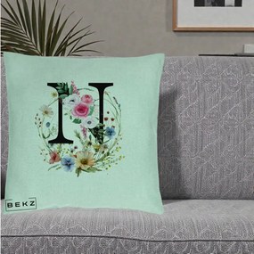 Cadou Personalizat - Perna Personalizata Monogram Litera N cu Flori Acuarela, 40x40 cm, Verde Menta, Husa Detasabila, Perna Inclusa, BEKZ®