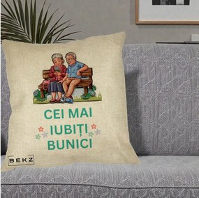 Cadou pentru Bunici - Perna Personalizata Cei Mai Iubiti Bunici Cuplu pe Banca Ilustratie, 40x40 cm, Crem, Husa Detasabila, Perna Inclusa, BEKZ®