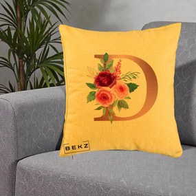 Cadou Personalizat - Perna Personalizata Monograma Rose Gold Litera D, 40x40 cm, Galben, Husa Detasabila, Perna Inclusa, BEKZ®