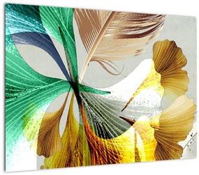 Tablou pe sticlă - Frunze cu pană (70x50 cm)