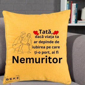 Cadou pentru Tata - Perna Personalizata Tata Nemuritor Baietel, 40x40 cm, Galben, Husa Detasabila, Perna Inclusa, BEKZ®