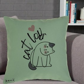Perna Personalizata Cat Lover Pisica Ilustratie Linie, 40x40 cm, Verde, Husa Detasabila, Perna Inclusa, BEKZ®