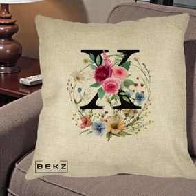 Cadou Personalizat - Perna Personalizata Monograma Florala Litera X cu Coroana, 40x40 cm, Crem, Husa Detasabila, Perna Inclusa, BEKZ®