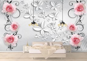 Fototapet 3D , Trandafiri roz si fluturi argintii Art.05137