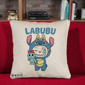 Perna Personalizata Labubu x Stitch cu Flori, 40x40 cm, Bej Canapea, Husa Detasabila, Perna Inclusa, BEKZ®