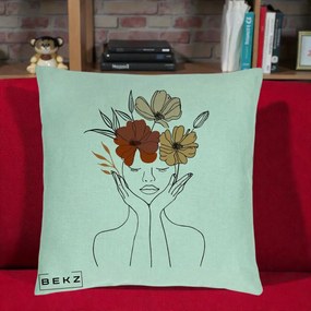 Perna Decorativa Portret Feminin Coroana Trei Flori, 40x40 cm, Verde Menta, Husa Detasabila, Perna Inclusa, BEKZ®