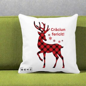 Perna Decorativa Ren Tartan Craciun Fericit, 40x40 cm, Alba Mata, Husa Detasabila, Perna Inclusa, BEKZ®