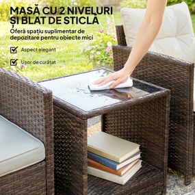 Outsunny Set Bistro pentru Exterior 3 Piese din Ratan cu Măsuță pe 2 Niveluri, Perne pentru Balcon și Terasă, Maro și Crem | Aosom Romania