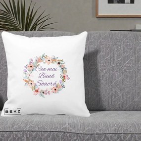 Cadou pentru Soacra - Perna Personalizata Cea mai Buna Soacra cu Coronita Flori Boho Pastel, 40x40 cm, Alba Mata, Husa Detasabila, Perna Inclusa, BEKZ®