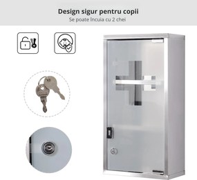 HOMCOM Dulap pentru Medicamente, Design Modern, Sticlă și Oțel, cu Ușă și 2 Chei, 48x25cm | Aosom Romania