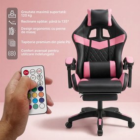 Scaun gaming, sistem iluminare bandă LED RGB, masaj în perna lombară, suport picioare, Negru/Roz